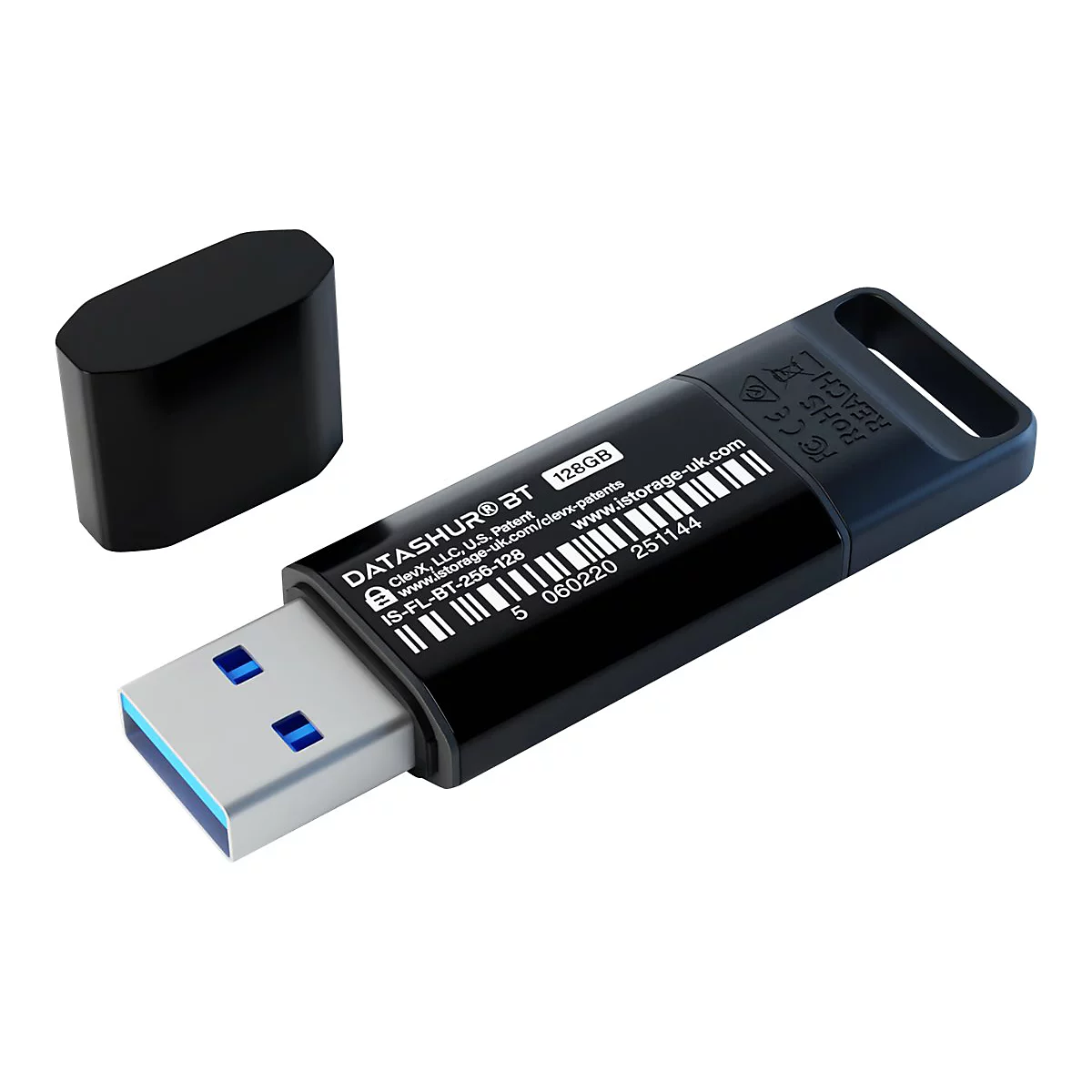 Ein schwarzer USB-Stick mit abgenommener Kappe auf weißem Hintergrund. Der Stick ist mit Text beschriftet, darunter "DATASHUR® BT 128GB".