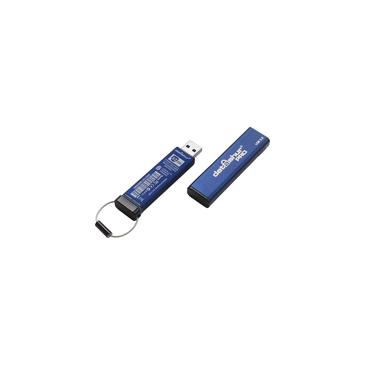 Blauer USB-Stick, geöffnet, mit Beschriftung „datAshur Pro 3.0“ und „32 GB“.