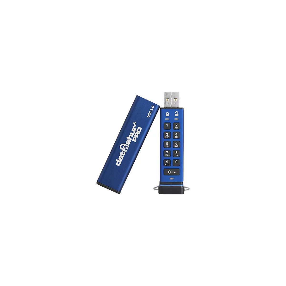 Blauer USB-Stick mit Tastatur, die zur Eingabe des Passworts dient. Auf dem Stick steht "datashur PRO".