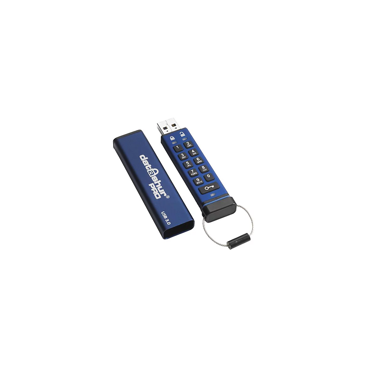 Blauer USB-Stick mit Tastatur, Schlüsselanhänger und Deckel, offen.