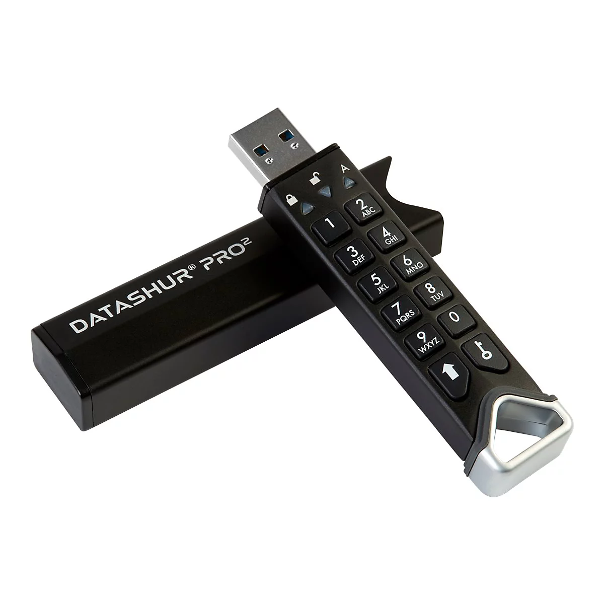 Schwarzer USB-Stick mit numerischer Tastatur und dem Schriftzug DATASHUR PRO2.