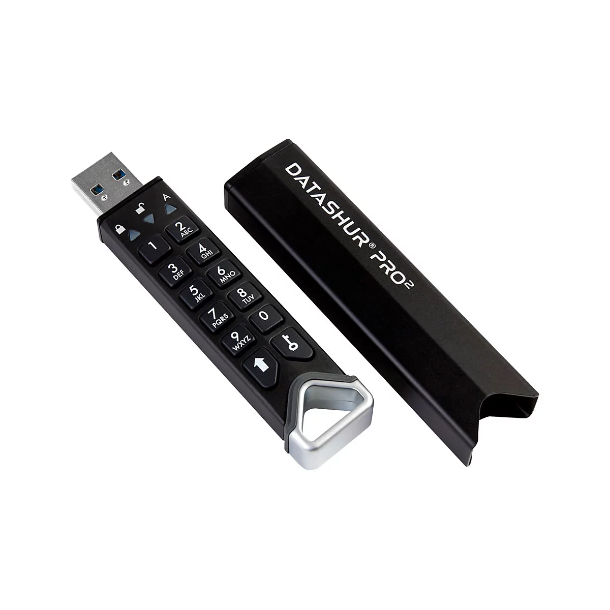 Schwarzer USB-Stick mit Tastatur, mit Hülle daneben. Aufgedruckter Text: Datashur Pro2.