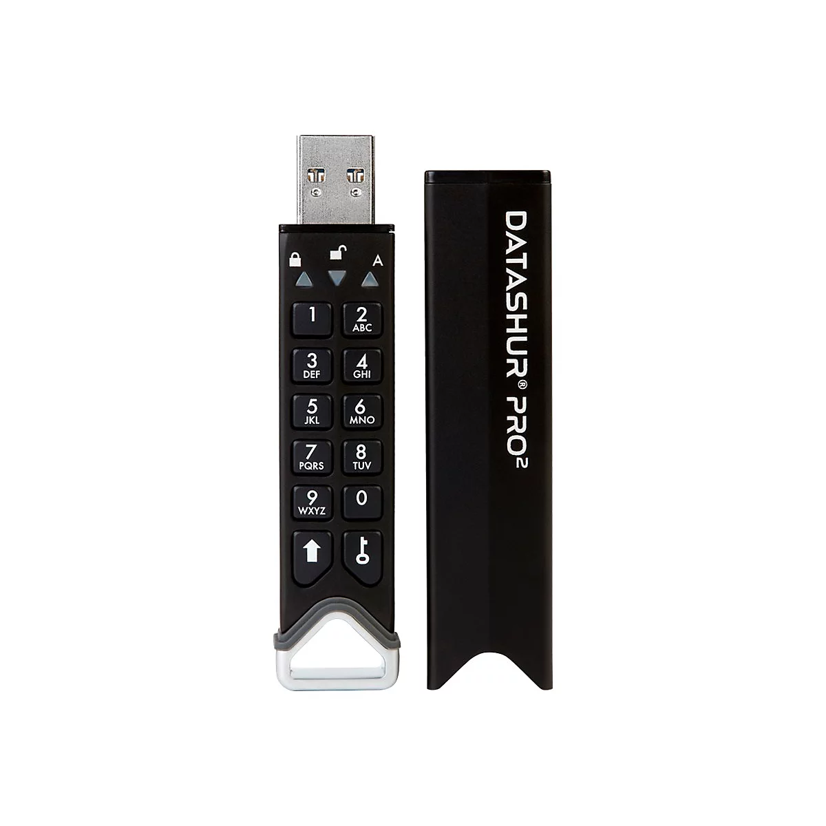 Schwarzer USB-Stick mit Tastatur, die zur Eingabe des Codes dient. Rechts daneben die Schutzhülle mit dem Schriftzug "DATASHUR PRO2".
