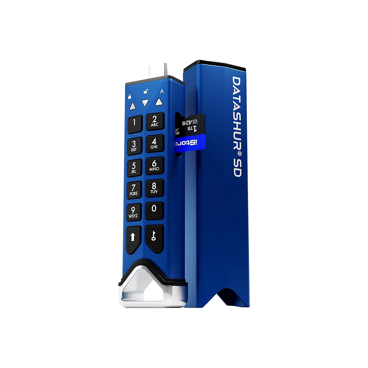 Blauer, verschlüsselter USB-Stick mit numerischer Tastatur und SD-Karten-Slot.