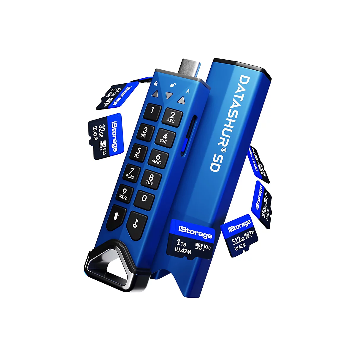 Blauer, verschlüsselter USB-Stick mit Tastatur, umgeben von Speicherkarten mit verschiedenen Kapazitäten.