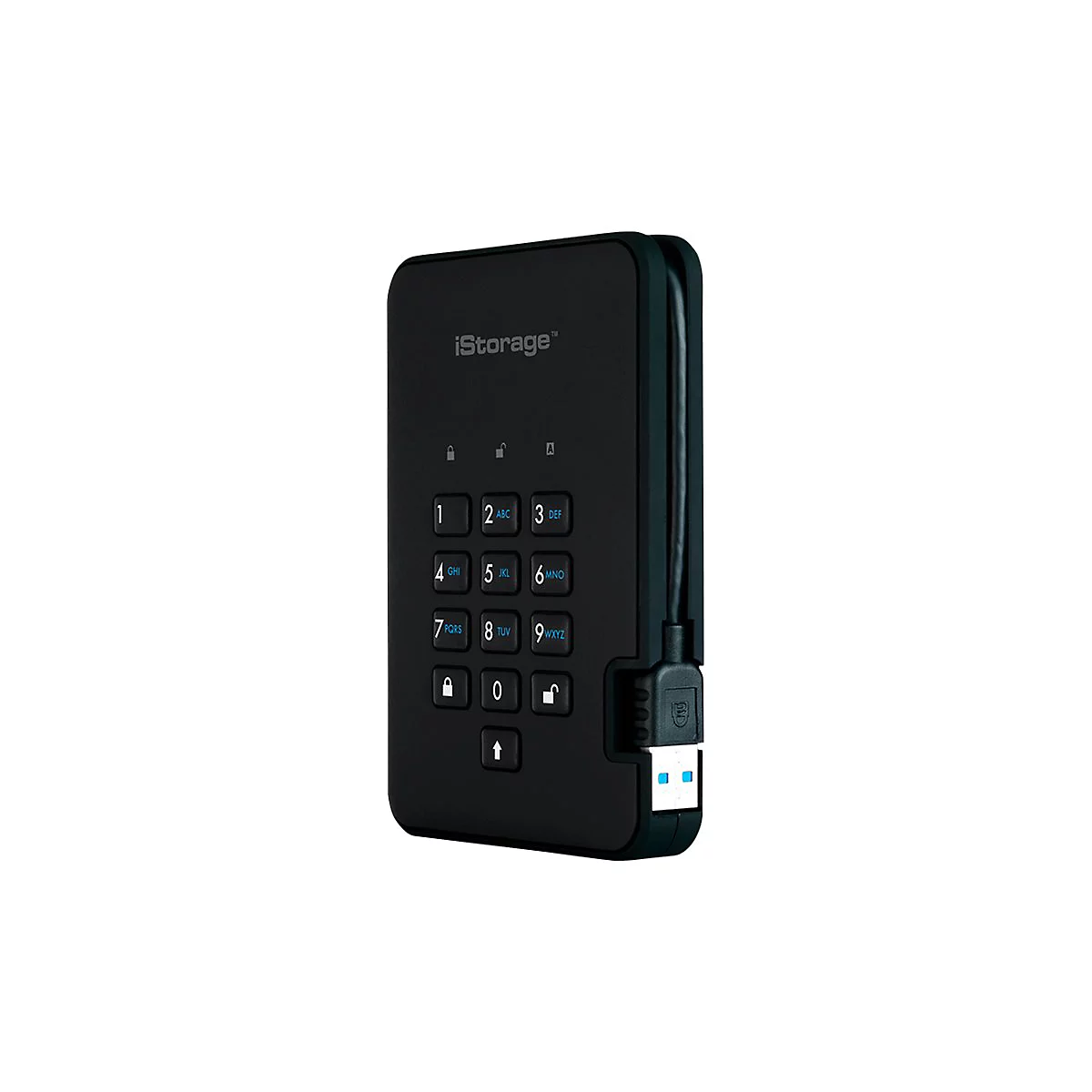 Schwarze Festplatte mit Zifferntasten, USB-Anschluss, Marke iStorage.