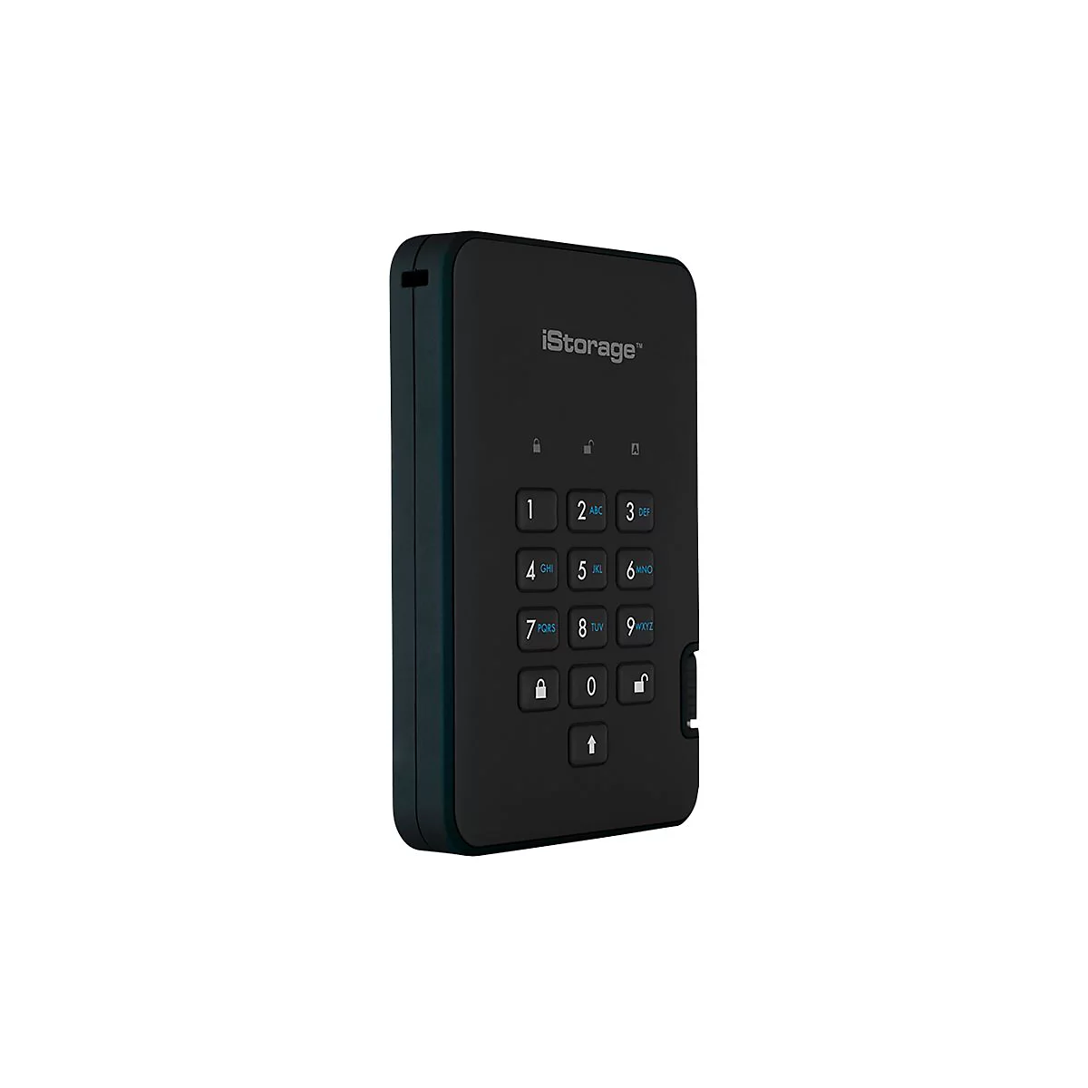 Schwarze Festplatte mit Ziffernfeld, iStorage-Logo. Tastatur mit Zahlen und Buchstaben. Auf weißem Hintergrund.