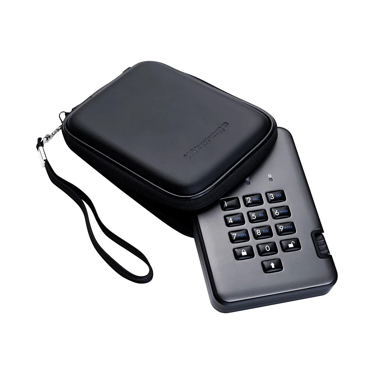 Dunkelgraue Festplatte mit Tastenfeld in schwarzer Tasche mit schwarzer Handschlaufe, iStorage Logo.