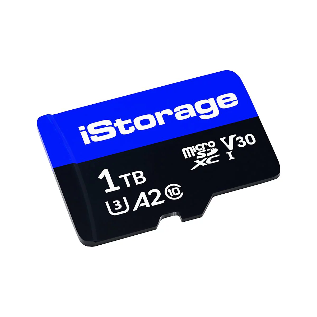 Eine Micro-SD-Karte von iStorage mit 1 TB Speicherplatz. Die Karte hat eine blaue und schwarze Oberfläche mit weißen Schriftzügen.