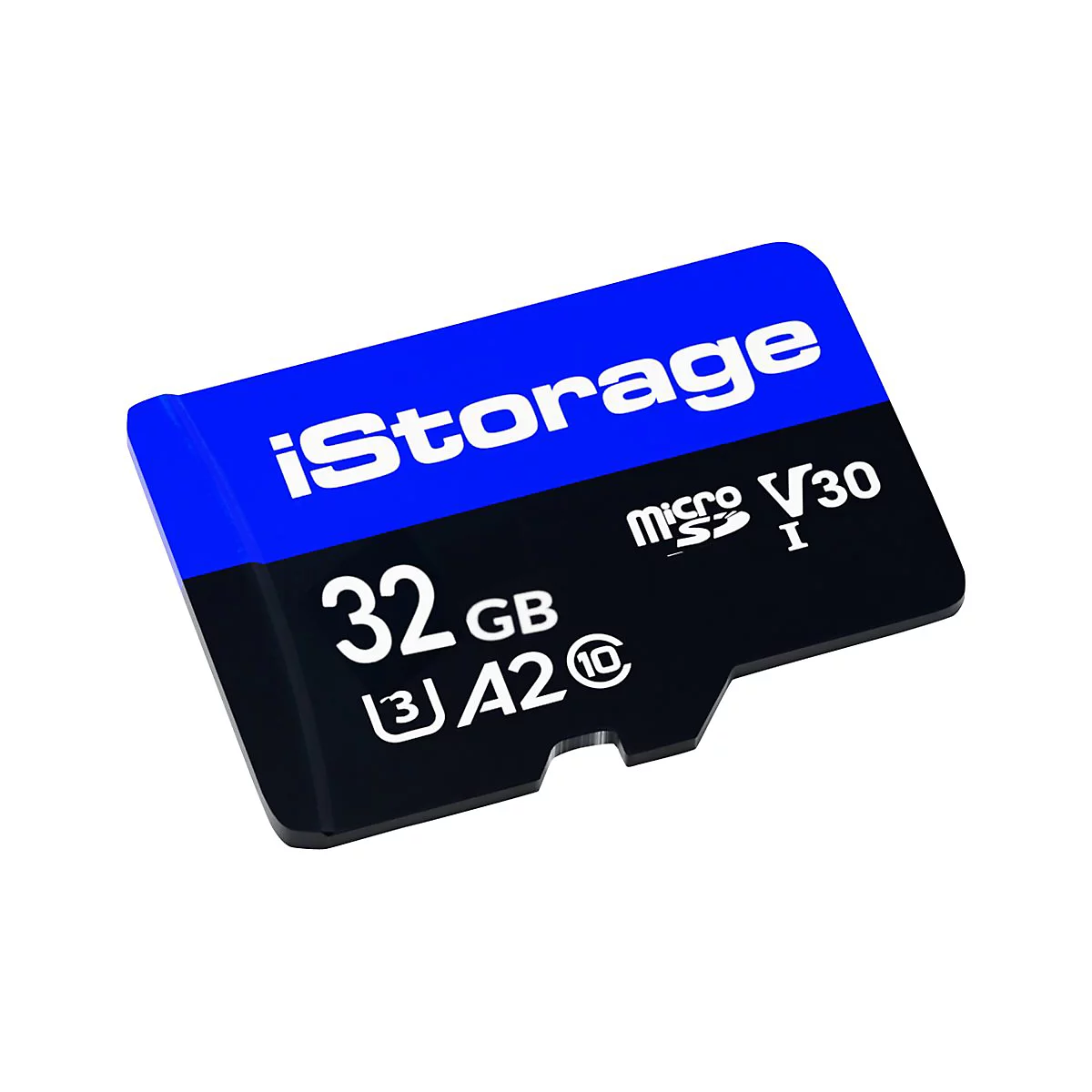 Eine blaue und schwarze Micro-SD-Karte mit Aufdrucken von 'iStorage', '32 GB' und 'V30'.