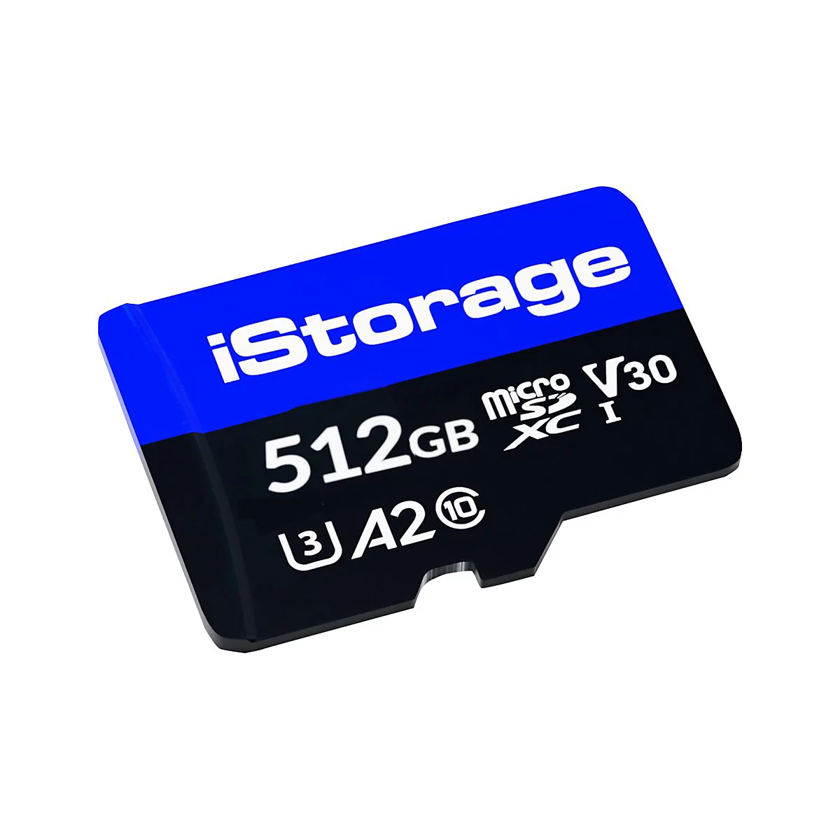 Blaue und schwarze Micro-SD-Karte mit Aufschrift iStorage, 512GB, V30. Auf weißem Hintergrund.
