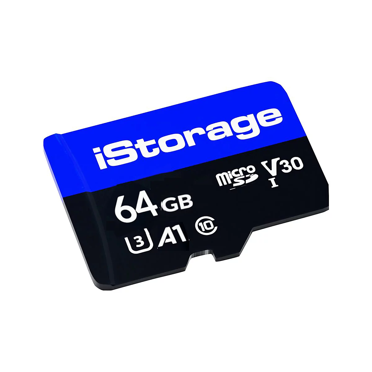 Eine MicroSD-Karte von iStorage mit 64 GB Speicherkapazität, blau-schwarzes Design, auf weißem Hintergrund.