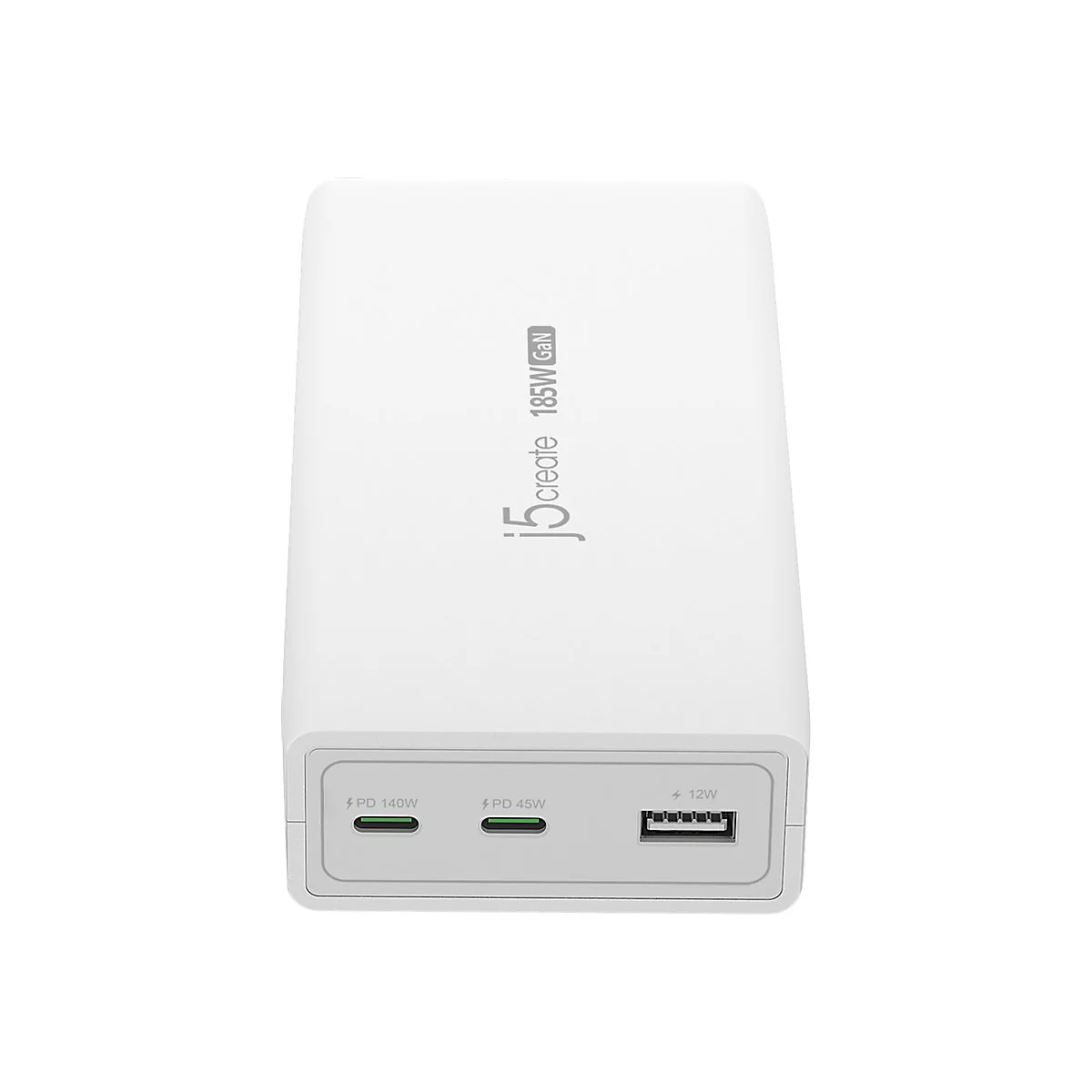 Chargeur blanc avec inscription "j5create 185W GaN", ports pour PD 140W, PD 45W et 12W.