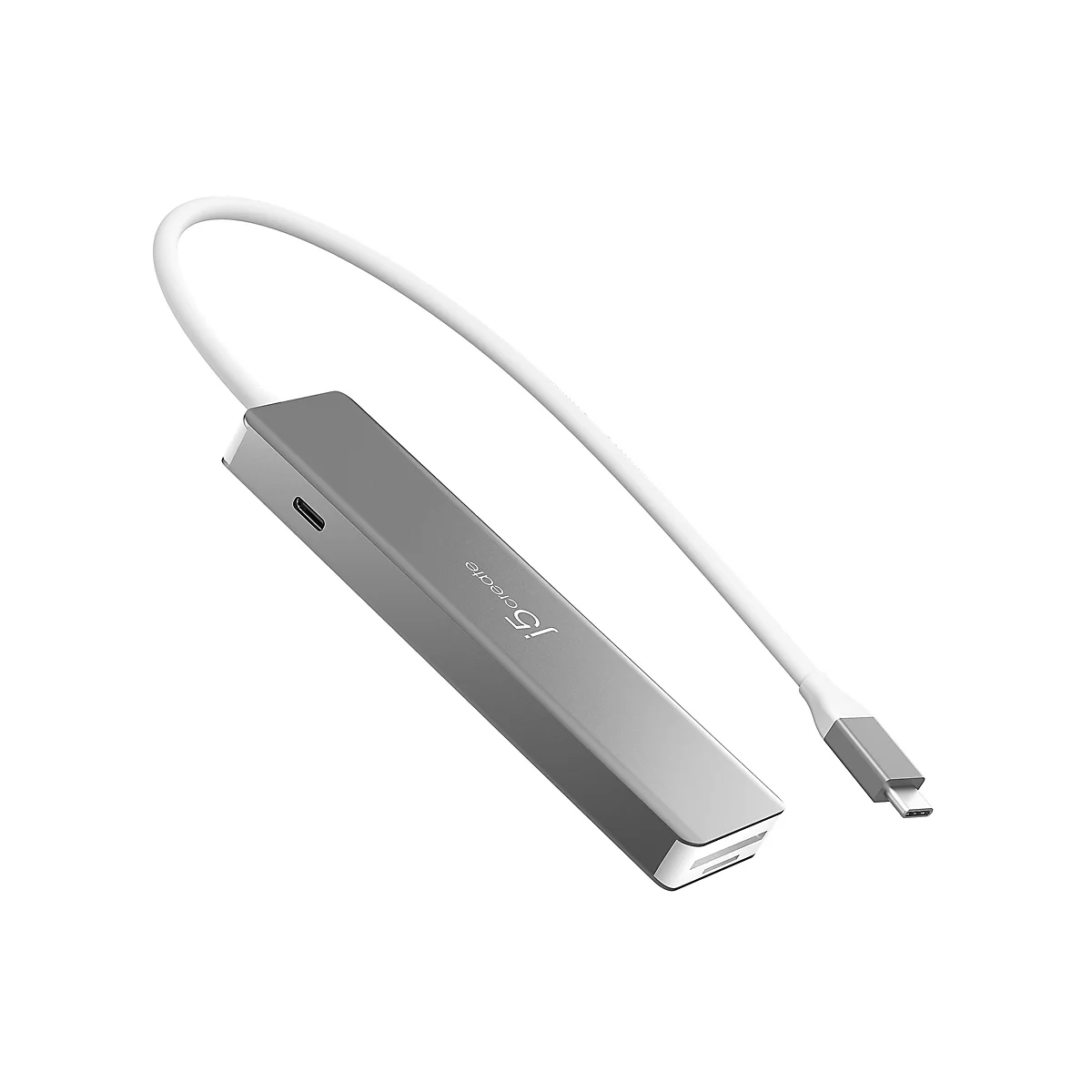 Adaptateur USB-C gris avec câble blanc, sur fond blanc. "j5create" est écrit sur le côté.