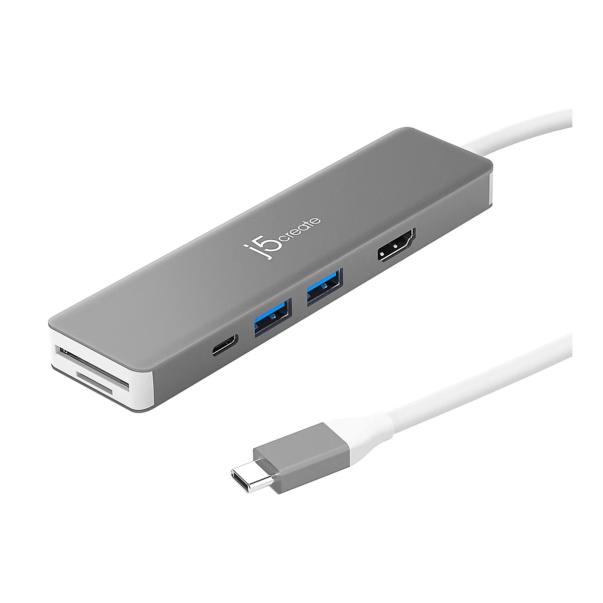 Hub USB-C gris avec câbles blancs. Le hub possède des ports USB et HDMI et le texte "j5create".