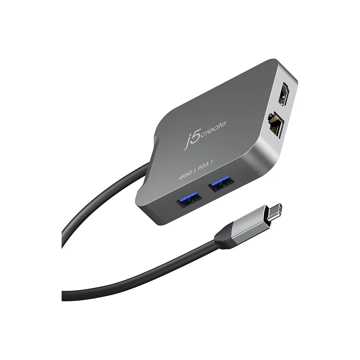 Un hub USB-C gris avec câble et ports. Le hub porte les mots "j5create".