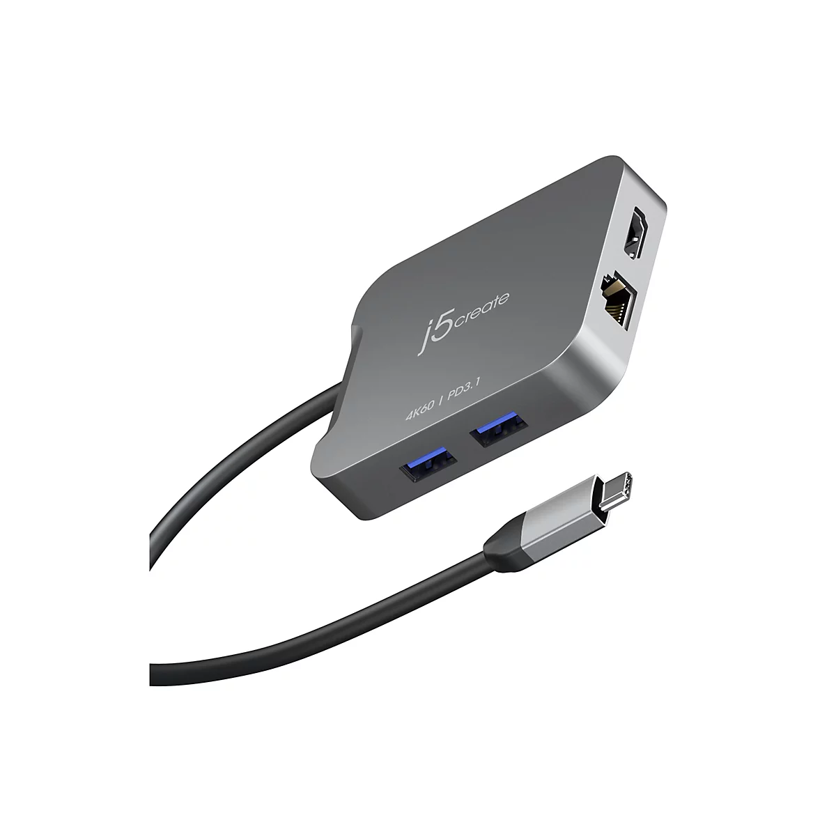 Hub USB-C gris avec câble. Le hub dispose de ports USB-A et HDMI. L'appareil indique "j5create 4K60 PD3.1".