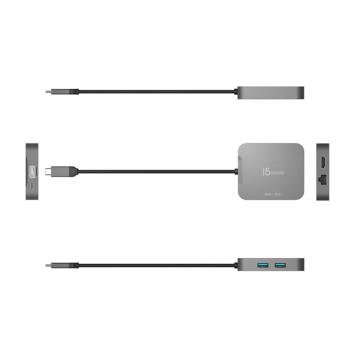 Hub USB-C gris avec différents ports, vues de dessus, de dessous et de côté.