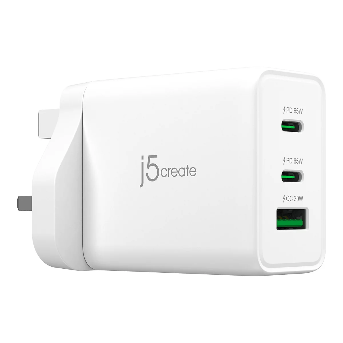 Chargeur blanc avec trois ports, étiqueté avec 'PD 65W' et 'QC 30W'.