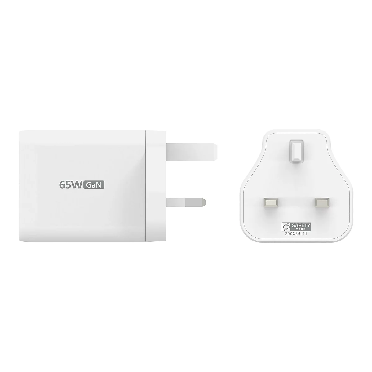 Adaptateur secteur blanc avec prise britannique, impression 65W GaN. Vue détaillée de la prise avec marque de sécurité.