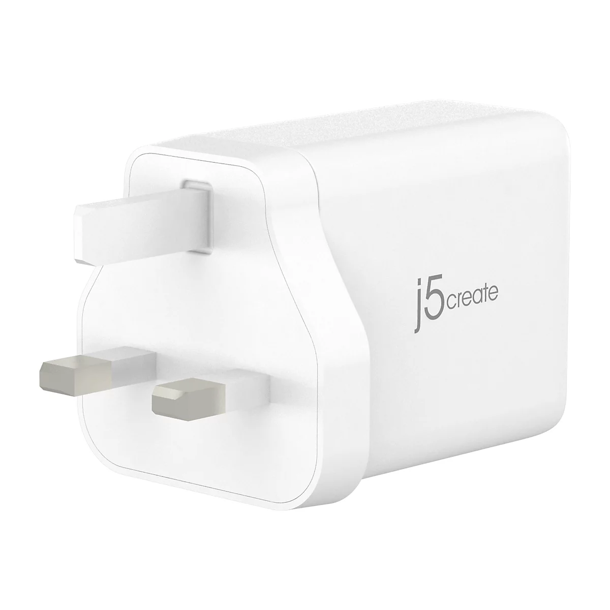 Un adaptateur secteur blanc avec trois broches. Le côté indique "j5create" en lettres grises.