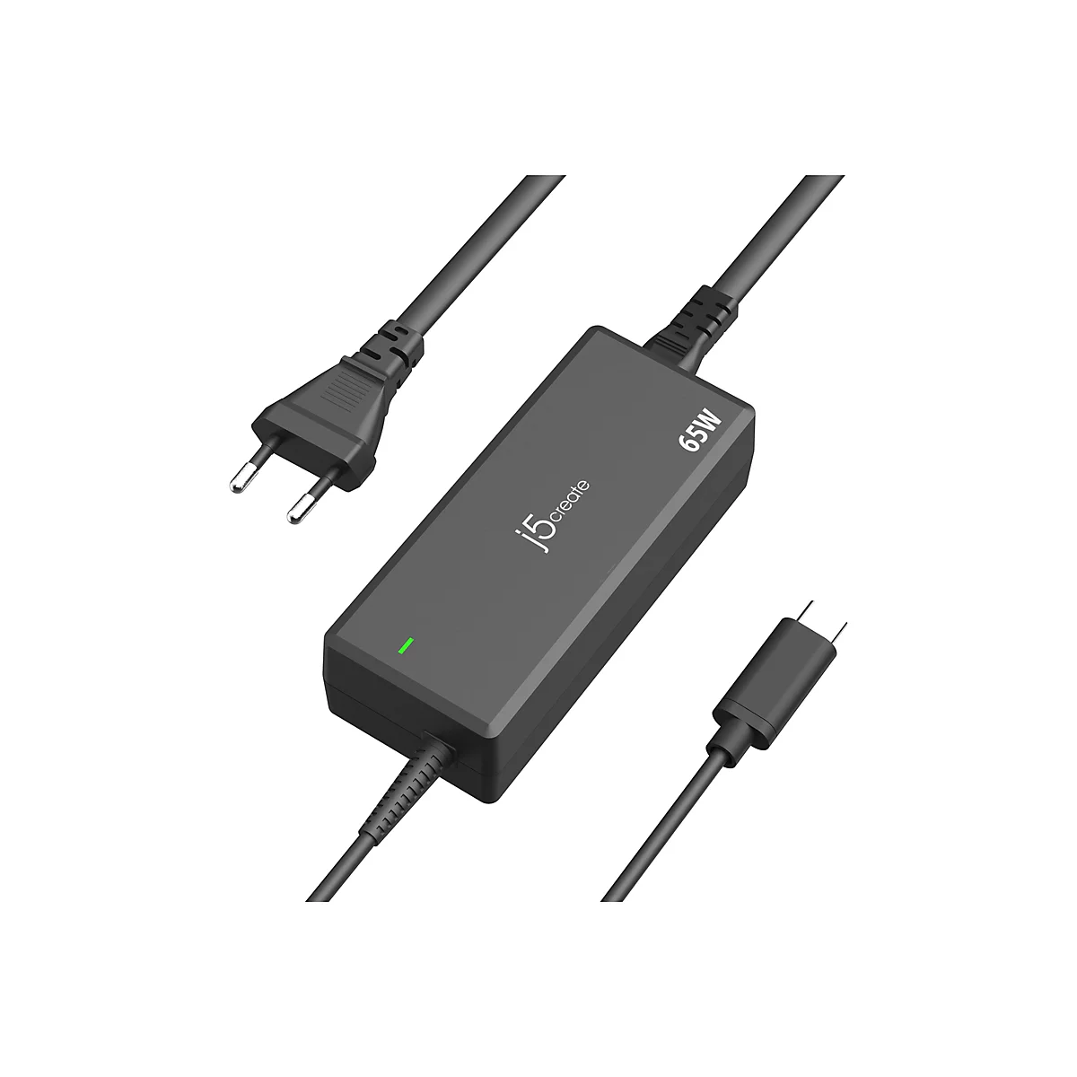 Un adaptateur secteur noir avec une lumière verte indiquant "j5create" et "65W", avec des câbles d'alimentation et des fiches.