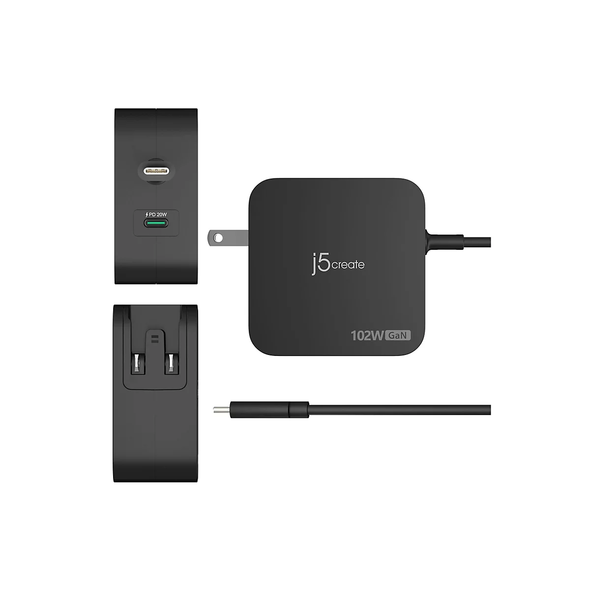 Vue aérienne d'un chargeur noir et de ses pièces. Inscription : j5create, 102W GaN, PD 20W.