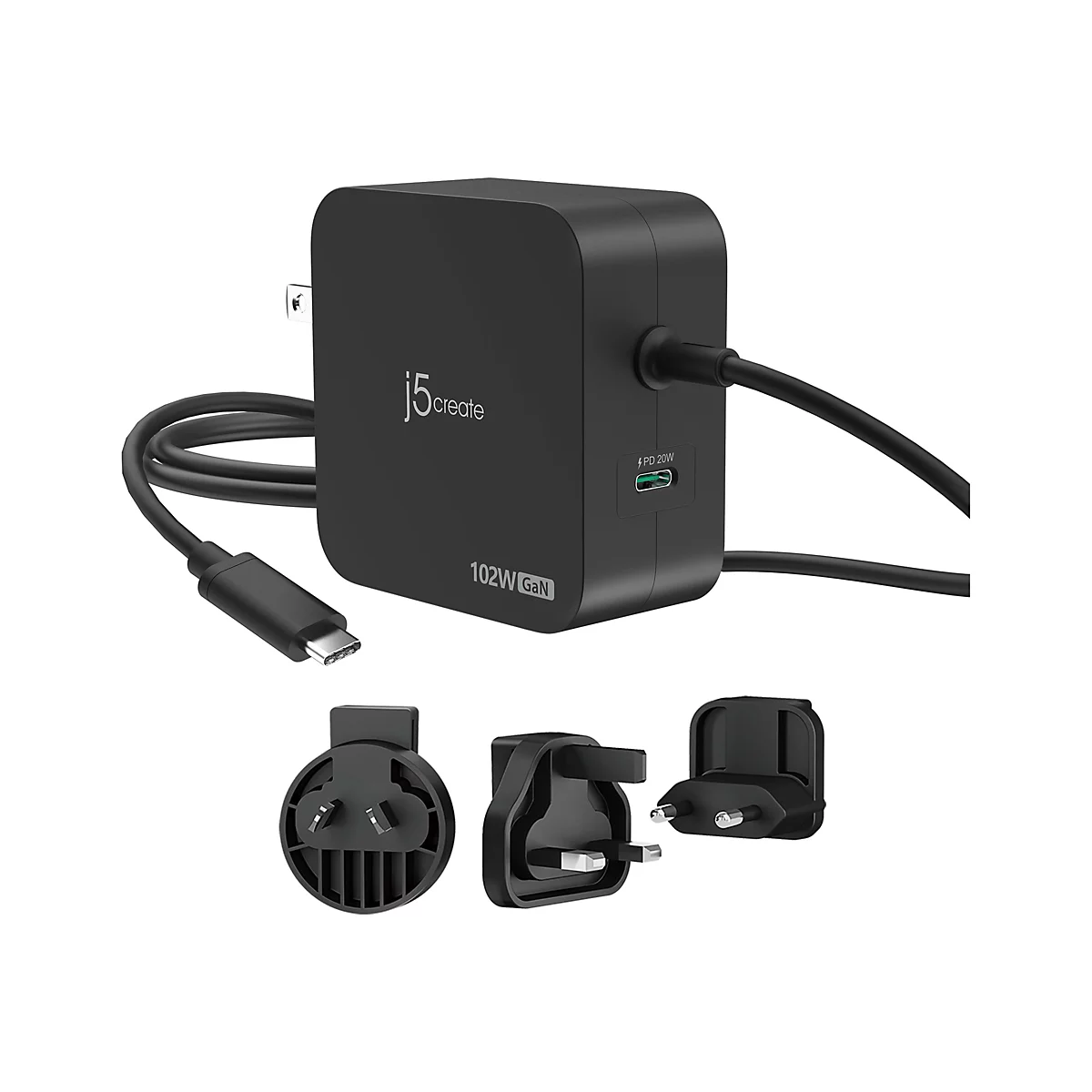 Chargeur noir j5create avec câble et adaptateurs interchangeables. Inscriptions : "102W GaN" et "PD 20W".