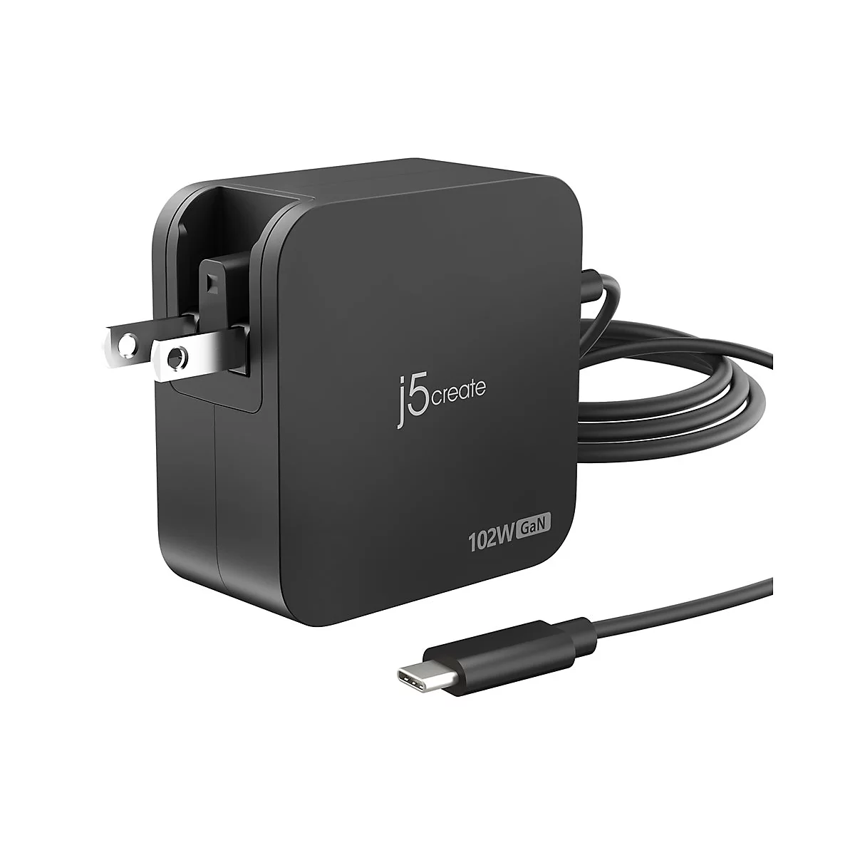 Chargeur noir avec texte "j5create", 102W GaN et connecteur USB-C.