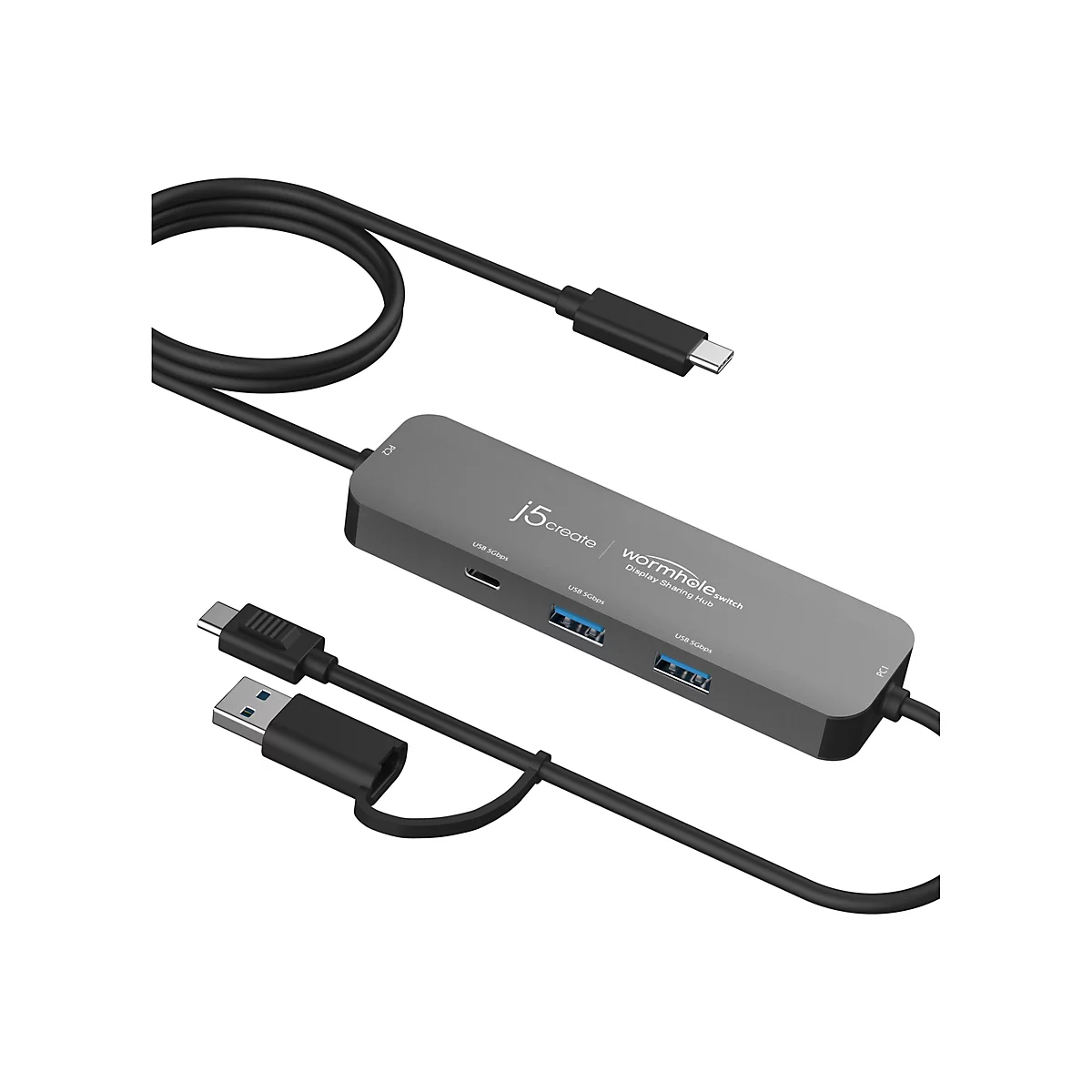 Hub USB gris avec plusieurs ports, câble noir et logo de la marque.