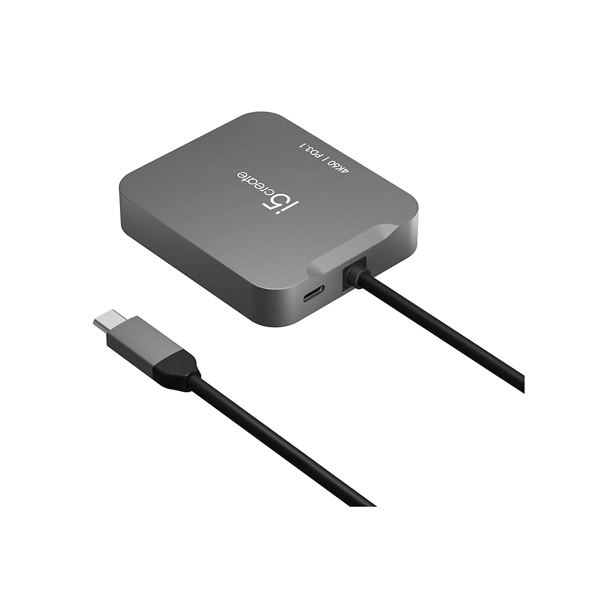 Grauer, quadratischer Adapter mit angeschlossenem USB-C-Kabel. Auf der Oberseite ist "i5create" und "4K60 | PD3.1" aufgedruckt.