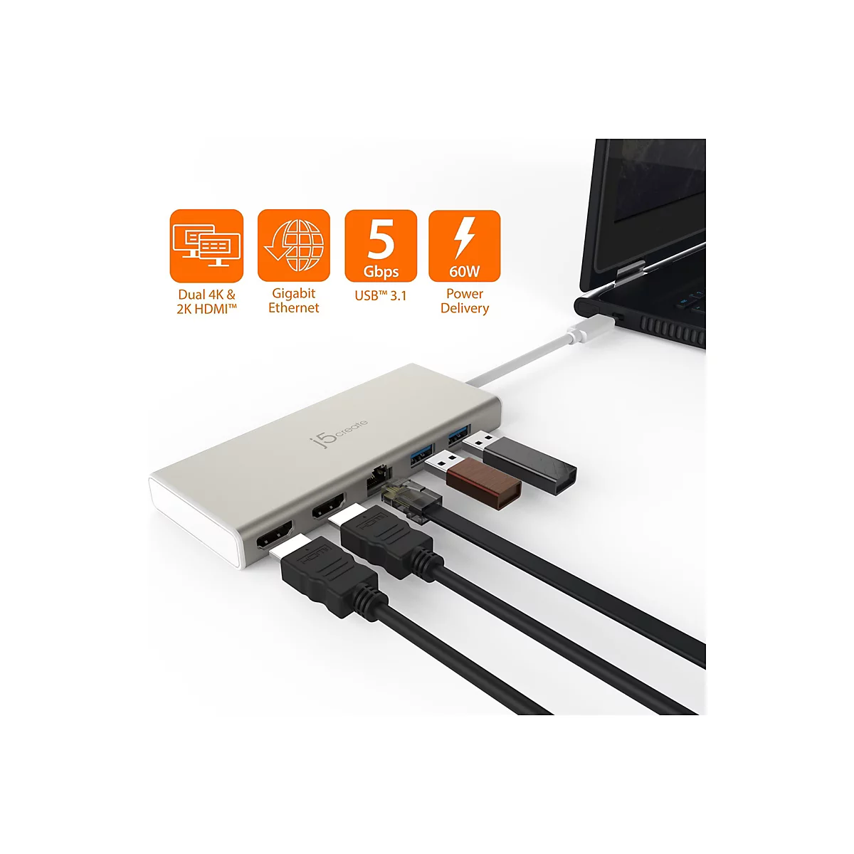 j5create JCD381-N - Dockingstation - USB-C - 2 x HDMI - 1GbE