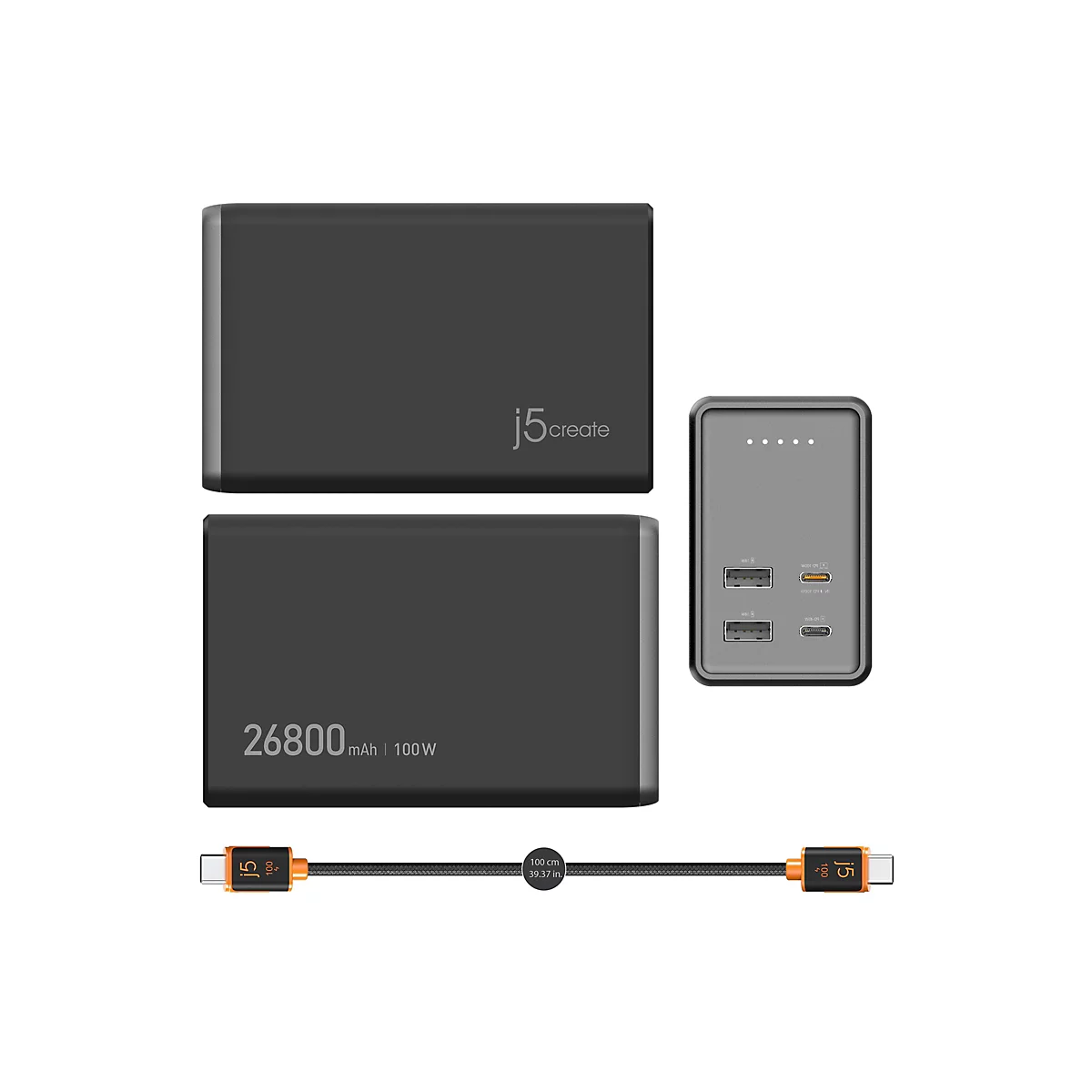 Mehrere Perspektiven einer schwarzen Powerbank mit Logo, Anschlüssen und Ladekabel.