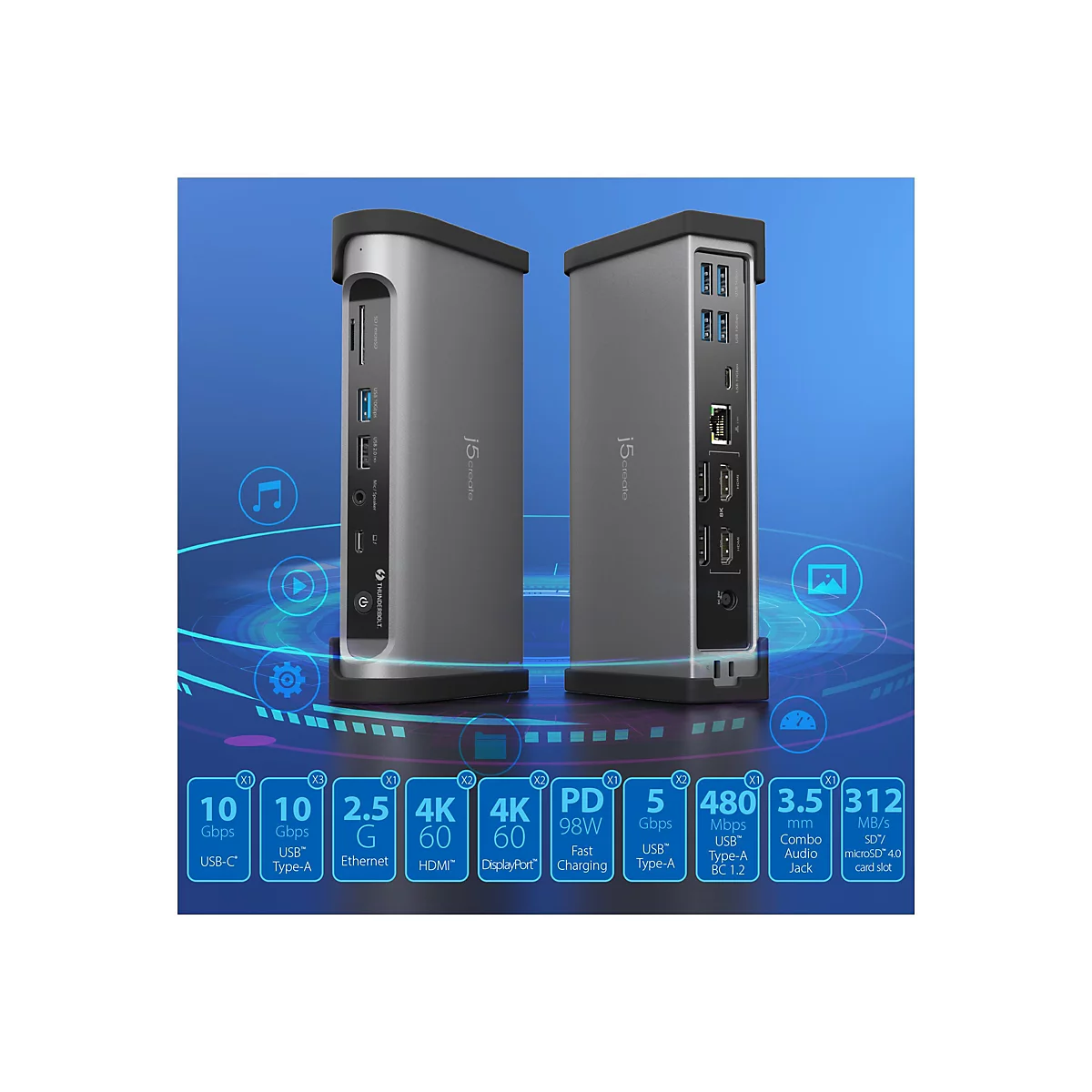 j5create JTD568 - Dockingstation - Thunderbolt 4 - 2 x HDMI, 2 x DP - 2.5GbE, 1GbE - 135 Watt