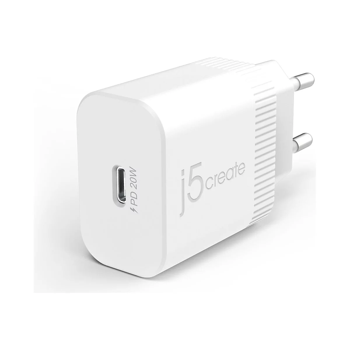 Weißes Netzteil mit USB-C-Anschluss, Aufschrift PD 20W und Logo von j5create.