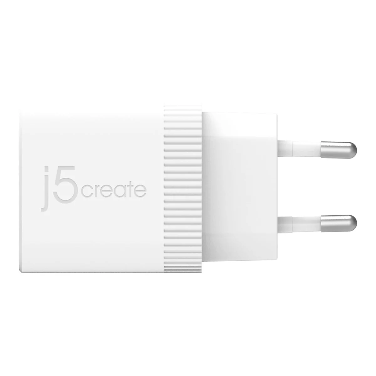 Chargeur blanc avec l'inscription "j5 create" et deux broches pour la prise.