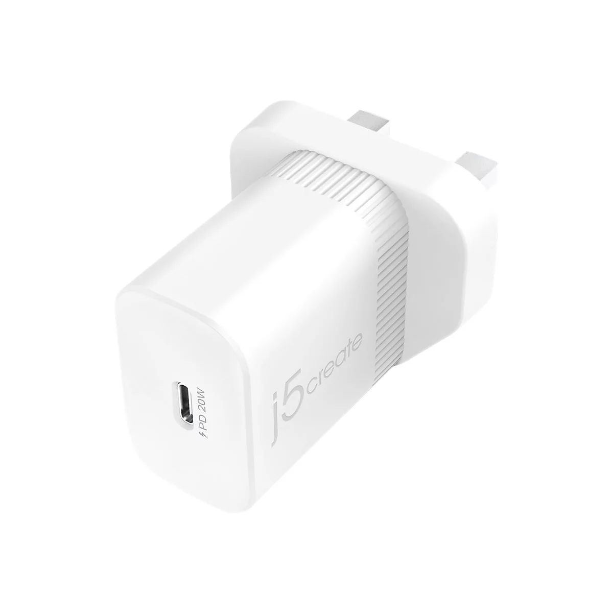 Chargeur blanc avec prise britannique, port USB-C, inscriptions "j5create" et "PD 20W".