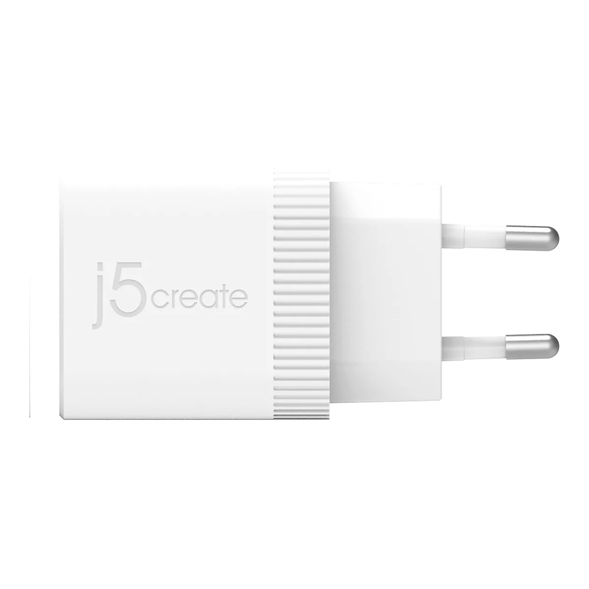 Weißes Netzteil mit Aufdruck "j5create", zwei Steckern. Stecker rechts ausgerichtet.