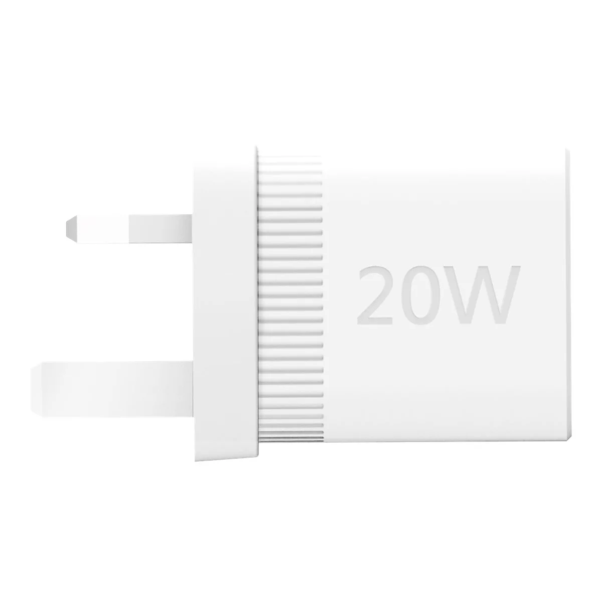 Weißes Ladegerät mit 20W Aufdruck, Netzstecker und geriffelter Oberfläche.