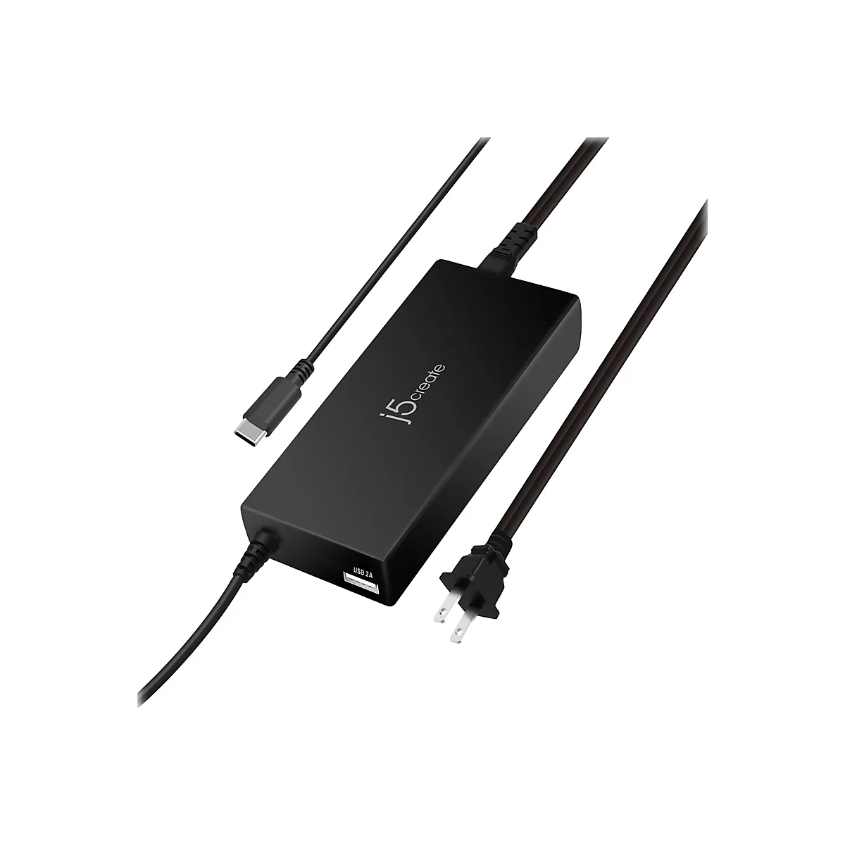 Un adaptateur secteur noir avec un port USB-C, un port USB et un cordon d'alimentation. Les mots "j5create" sont visibles sur le boîtier.