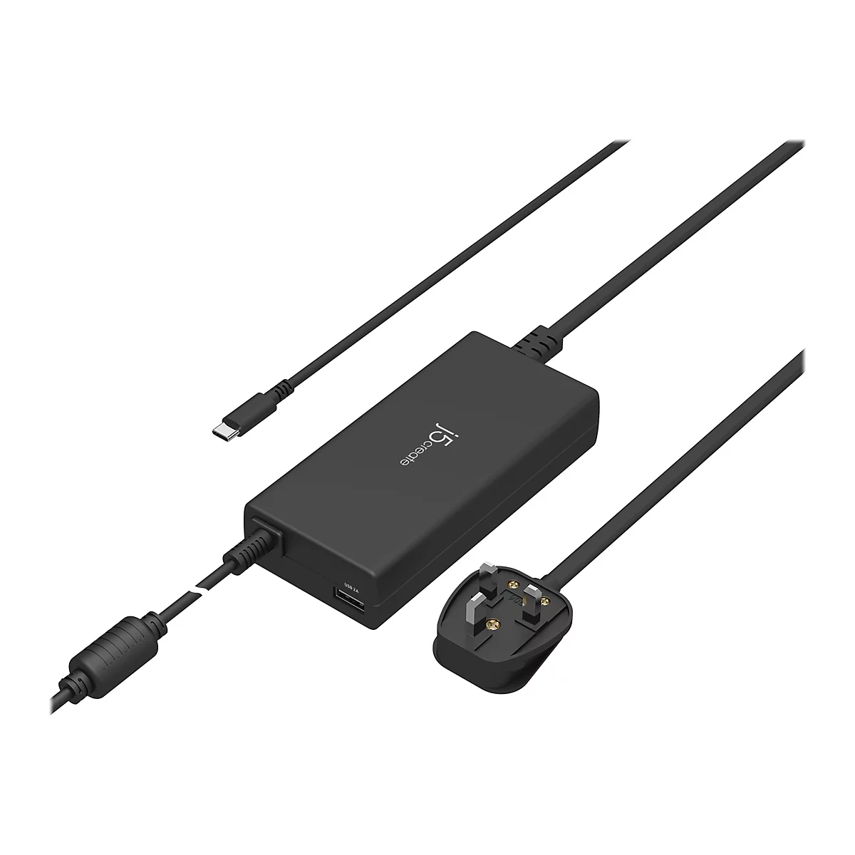 Adaptateur secteur noir avec trois câbles. "j5create" est écrit sur l'adaptateur.