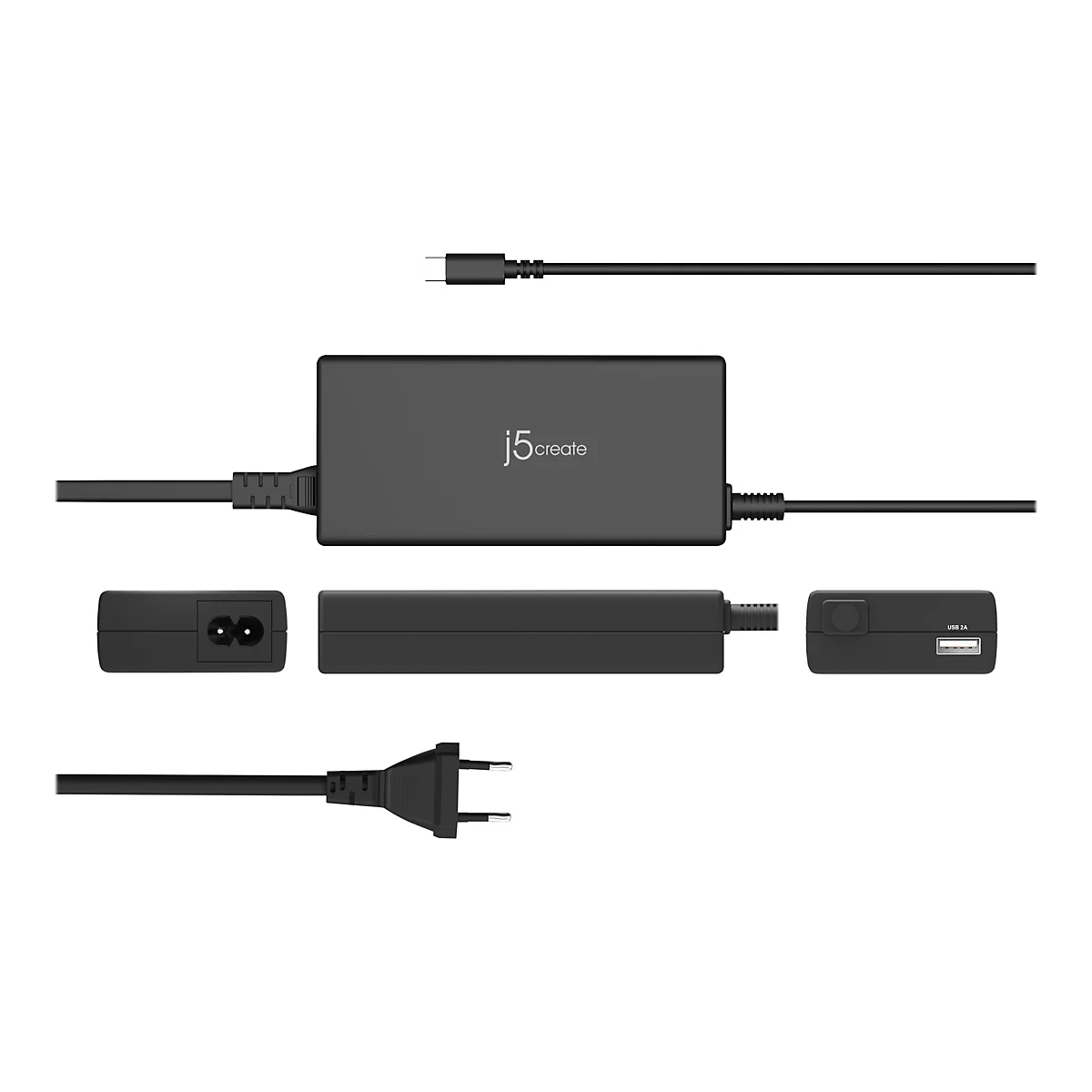 Adaptateur secteur noir avec câbles et prises. Le logo "j5create" est visible. Des détails supplémentaires incluent un port USB et une prise pour la prise de courant.