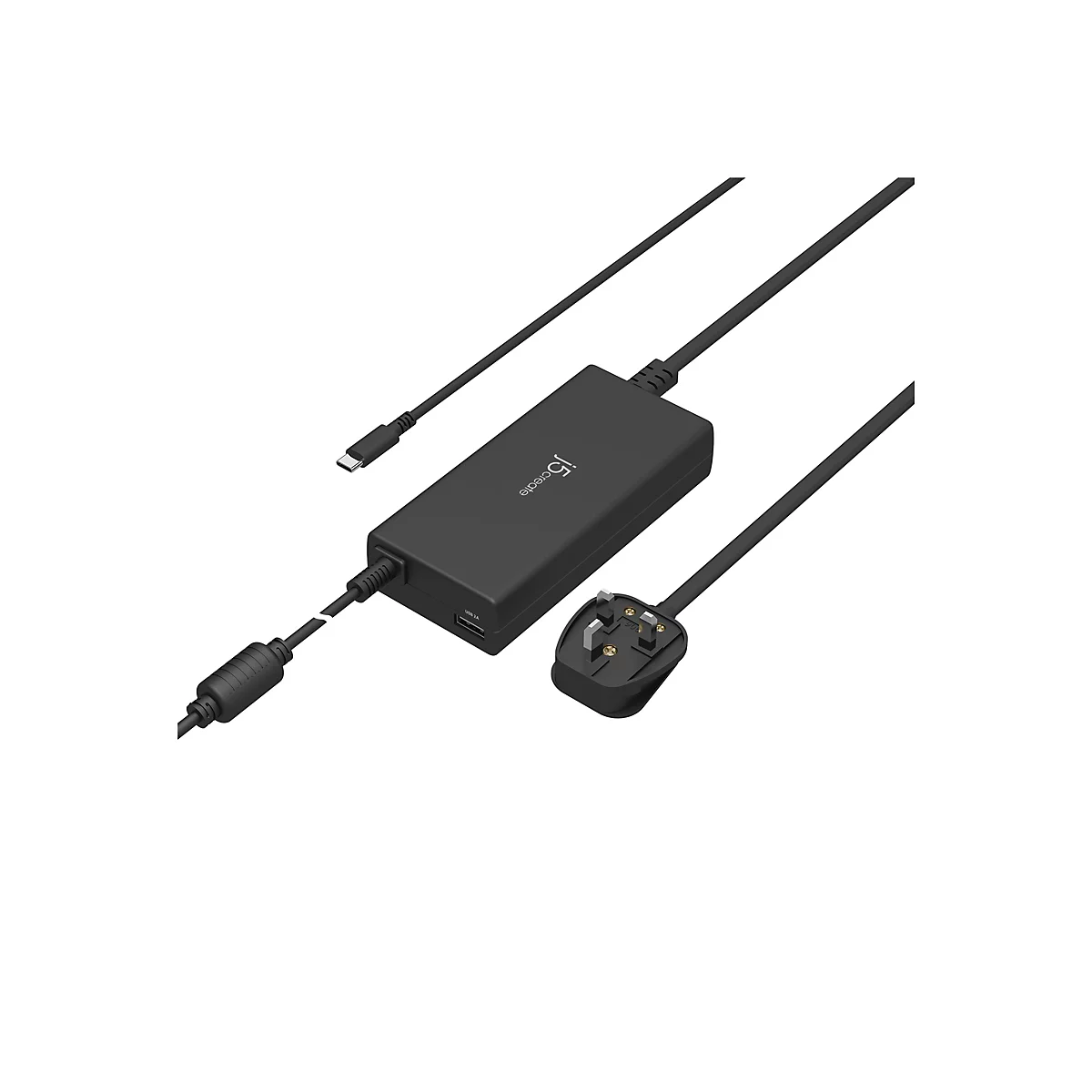 Schwarzes Netzteil mit Kabeln und Stecker. Oben links ein USB-C-Anschluss, unten ein USB 2A Anschluss.