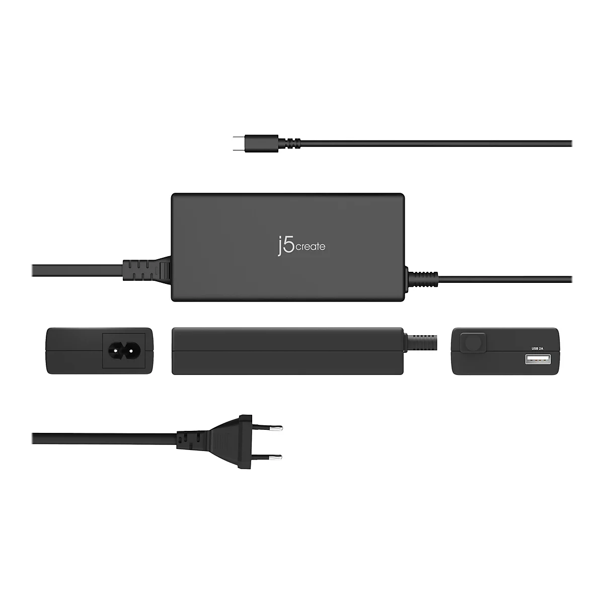 Schwarzes Netzteil mit verschiedenen Kabeln und Anschlüssen, darunter ein USB-C-Anschluss, ein Stromanschluss und eine USB-A-Buchse. Das Logo "j5create" ist auf dem Netzteil deutlich sichtbar.