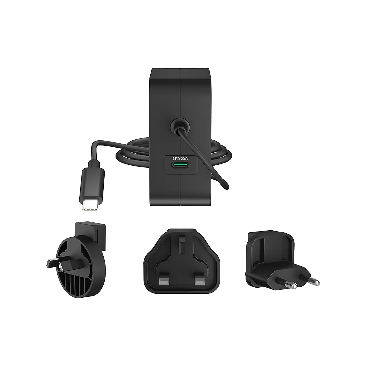 Schwarzes Ladegerät-Set mit austauschbaren Steckern und USB-C-Anschluss, PD 20W.