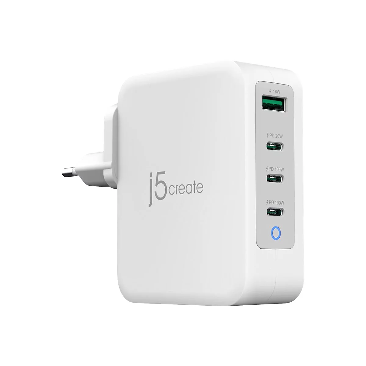 Chargeur blanc avec plusieurs ports USB. Lit "j5create".