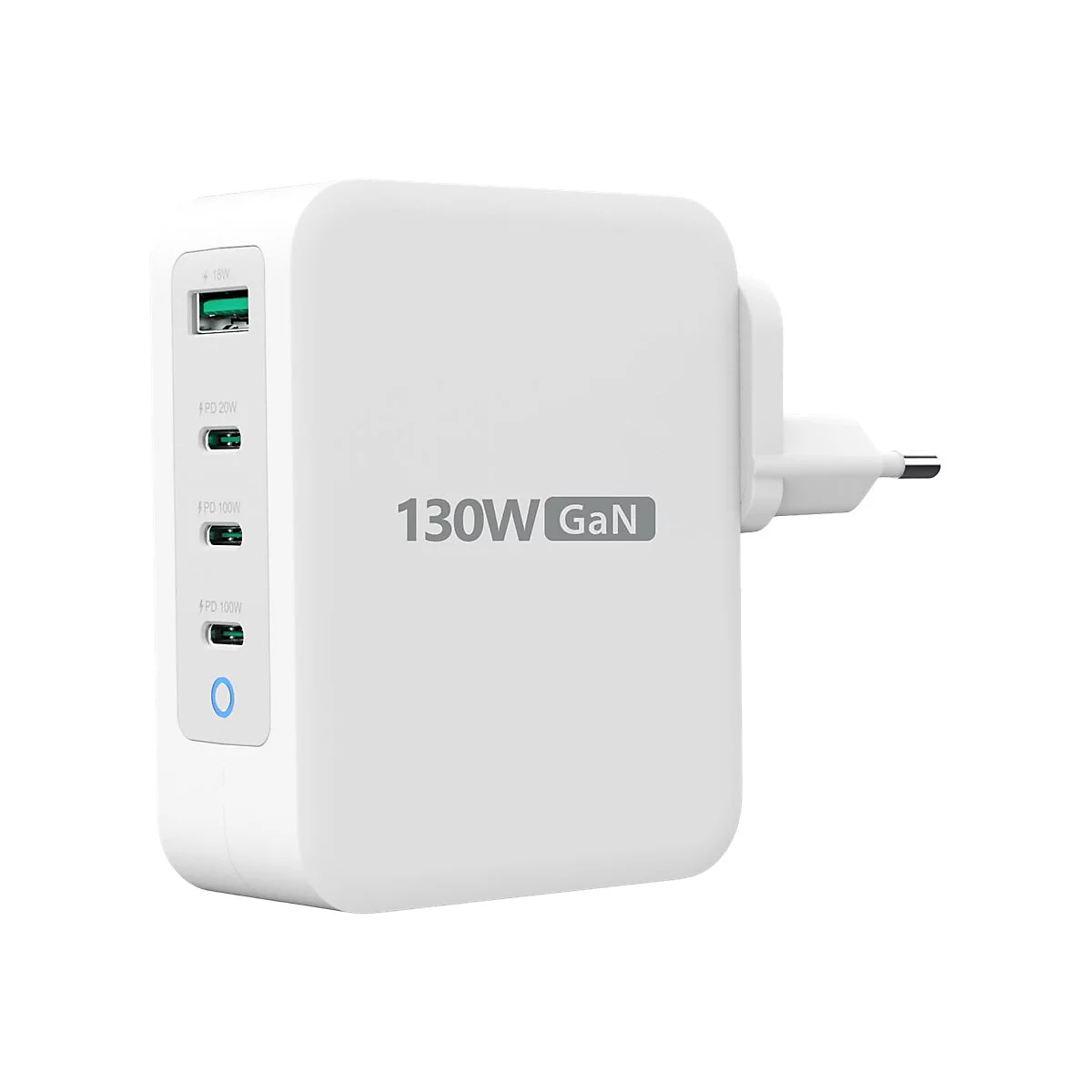 Chargeur blanc avec plusieurs ports, spécifications d'alimentation et le texte "130W GaN". Une prise est visible.