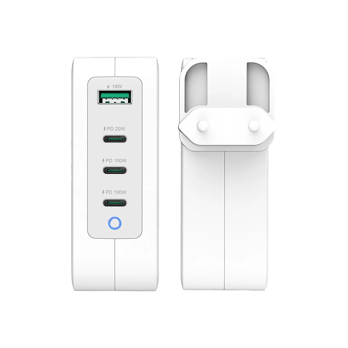 Chargeur blanc avec plusieurs ports USB répertoriés sur un côté et une prise pliable à l'arrière.