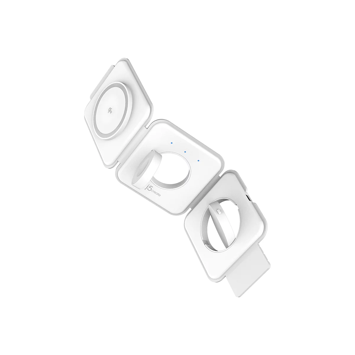 Ein weißes, zusammenklappbares Ladegerät für Geräte. Auf dem Ladegerät ist ein Qi-Symbol zu sehen.