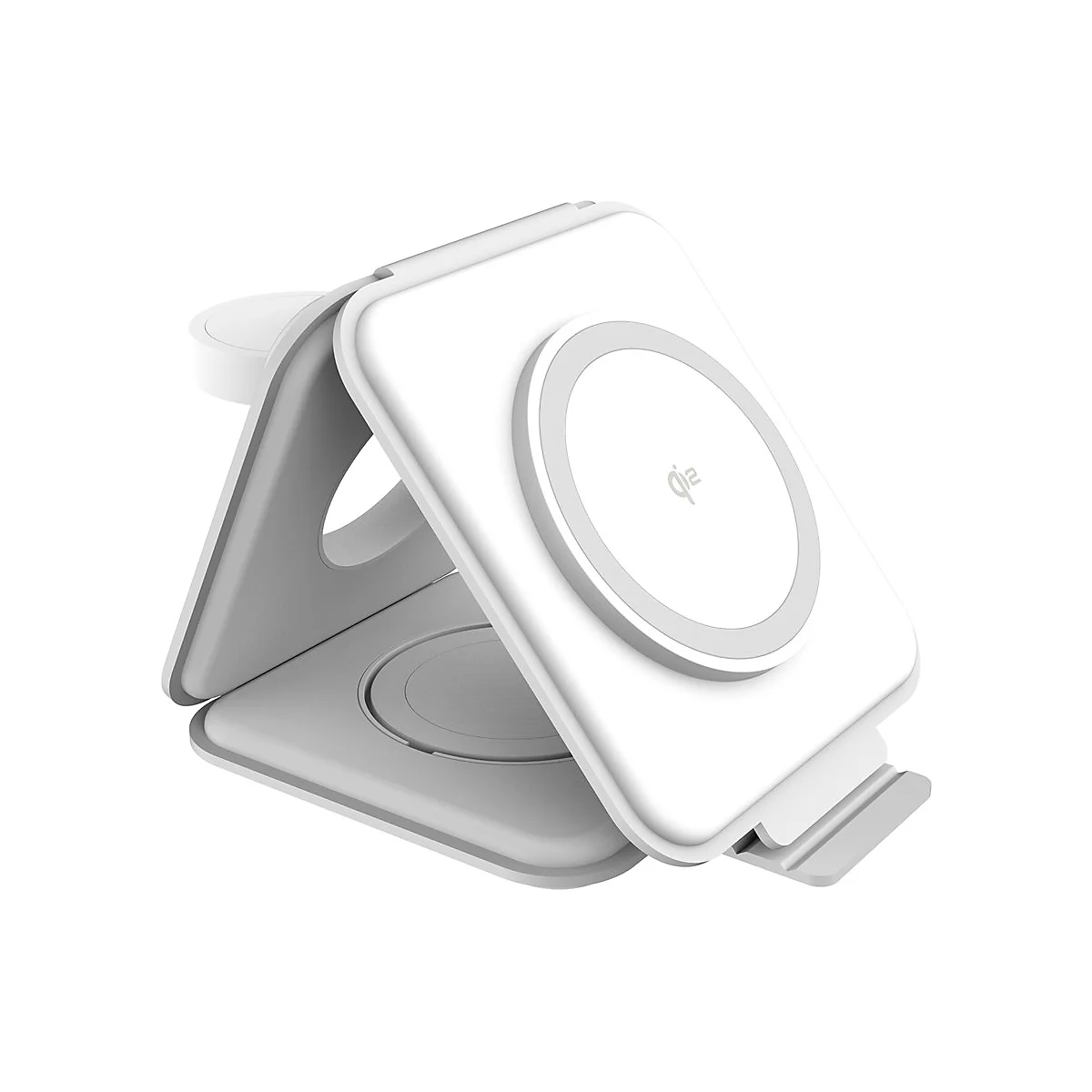 Kabelloses Ladegerät für Smartphone und Smartwatch, weiß. Das Ladepad hat einen grauen Rand und das Qi-Logo.